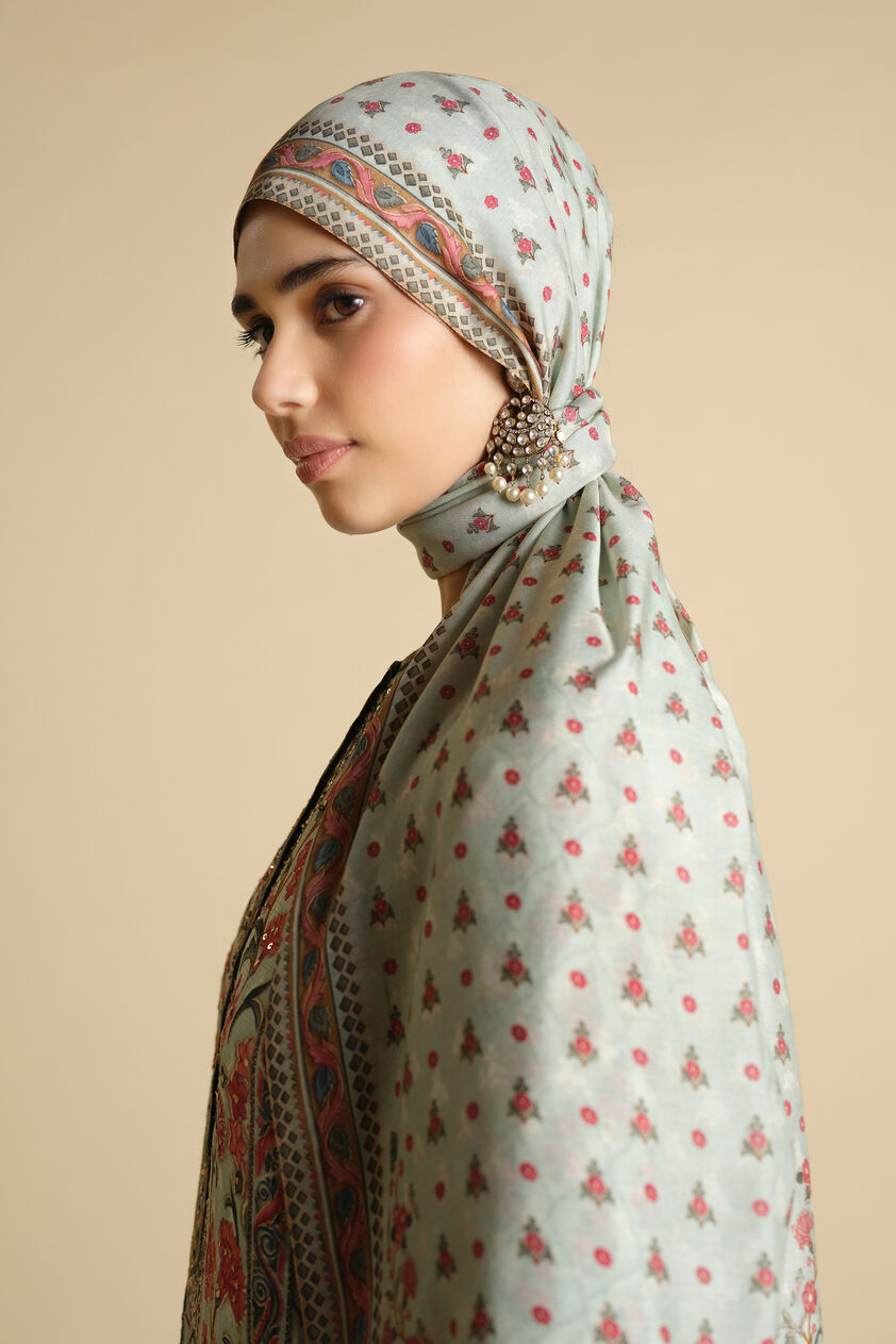 Azza Printed Silk Stole - Sage, Sage, image 3